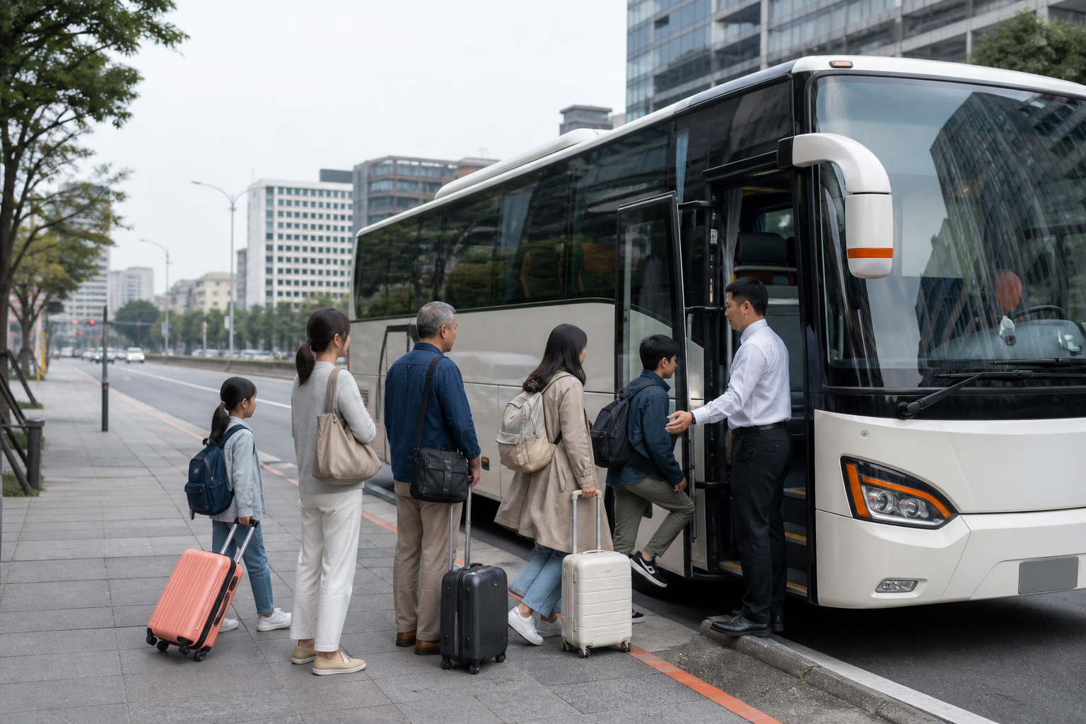 旅客在台北街道準備搭乘團體巴士